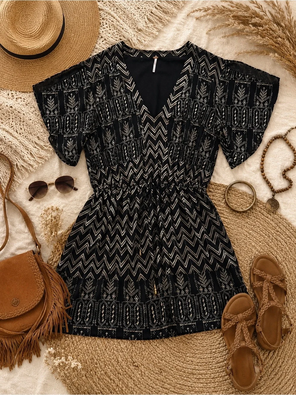 Free People Love My Chaos Mini Dress | Black Boho Chevron Print Flutter Sleeve